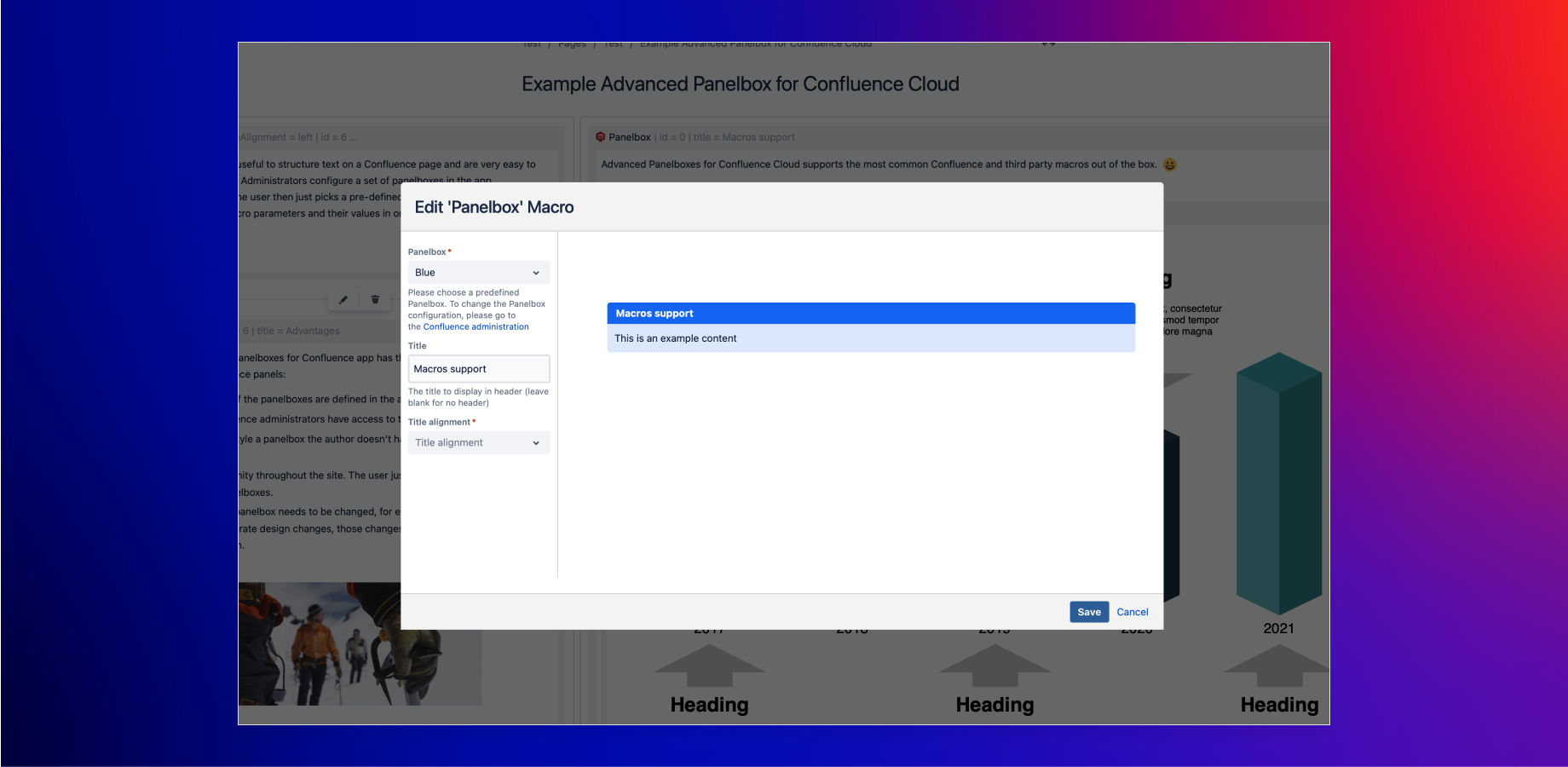 1. Users can choose one of the predefined Panelboxes.
2. Optionally, they can set a title and its alignment. 
3. After saving the Panelbox, users can fill it with any content they want.