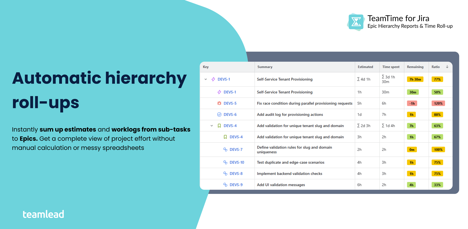 See total estimated, spent, and remaining time across the full issue hierarchy directly in Jira.