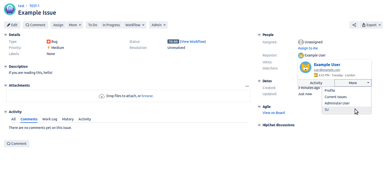 Shows the SU link available in the user profile drop down actions.