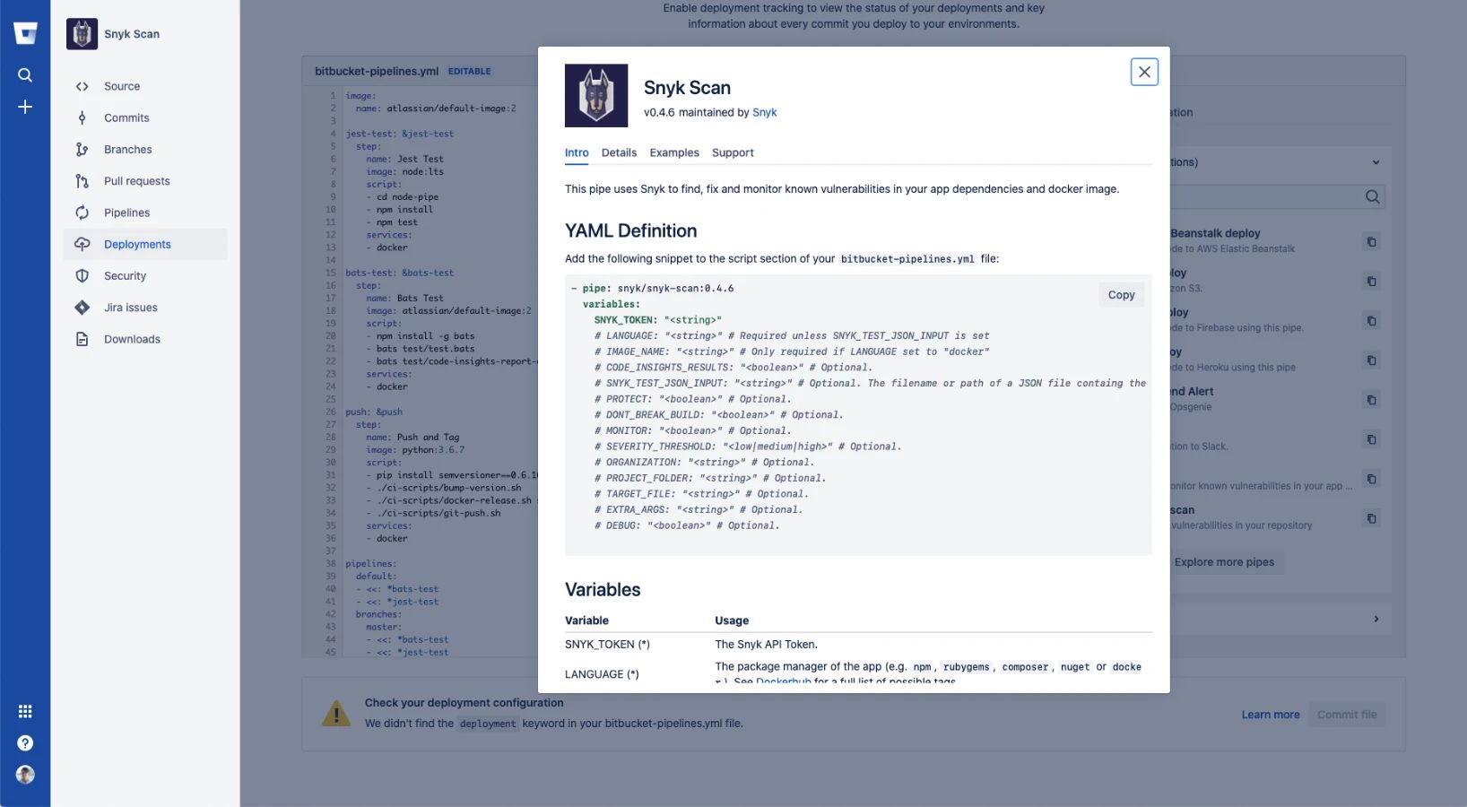Set up a Snyk Pipe to quickly scan your pipelines. Test and monitor for vulnerabilities at different points of the CI/CD workflow, based on your configurations.