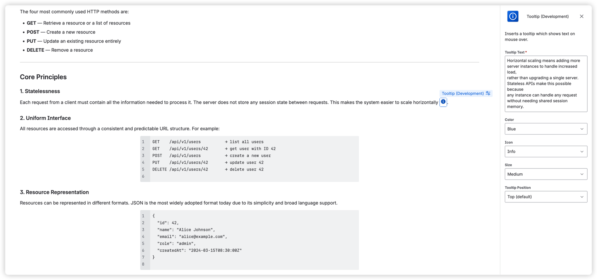 Use the configuration panel to customize tooltip text, icon, color, size, and position