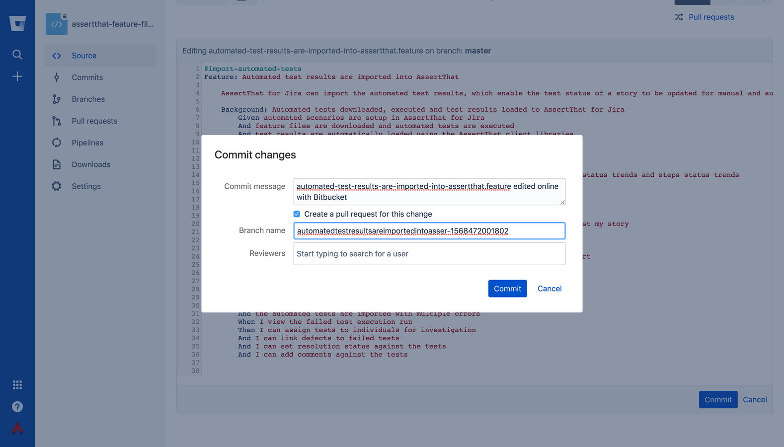Save changes directly into Bitbucket from Gherkin editor