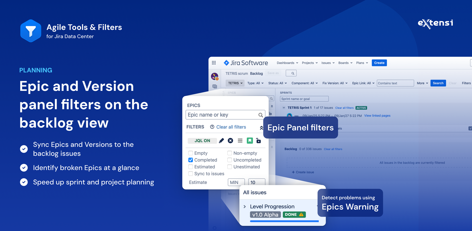 Use Epic and Version panel filters on the backlog view to fix Jira Epic Status vs. workflow status and populate them with issues in no time