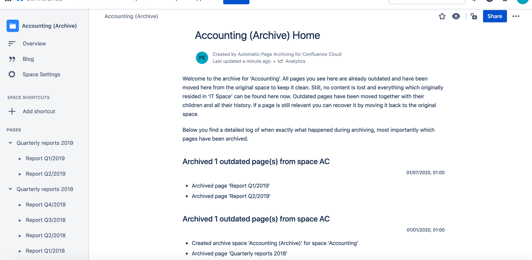 Outdated content is always moved to a separate space to keep the original space clean. This way it is never deleted and can always be found or restored later.​