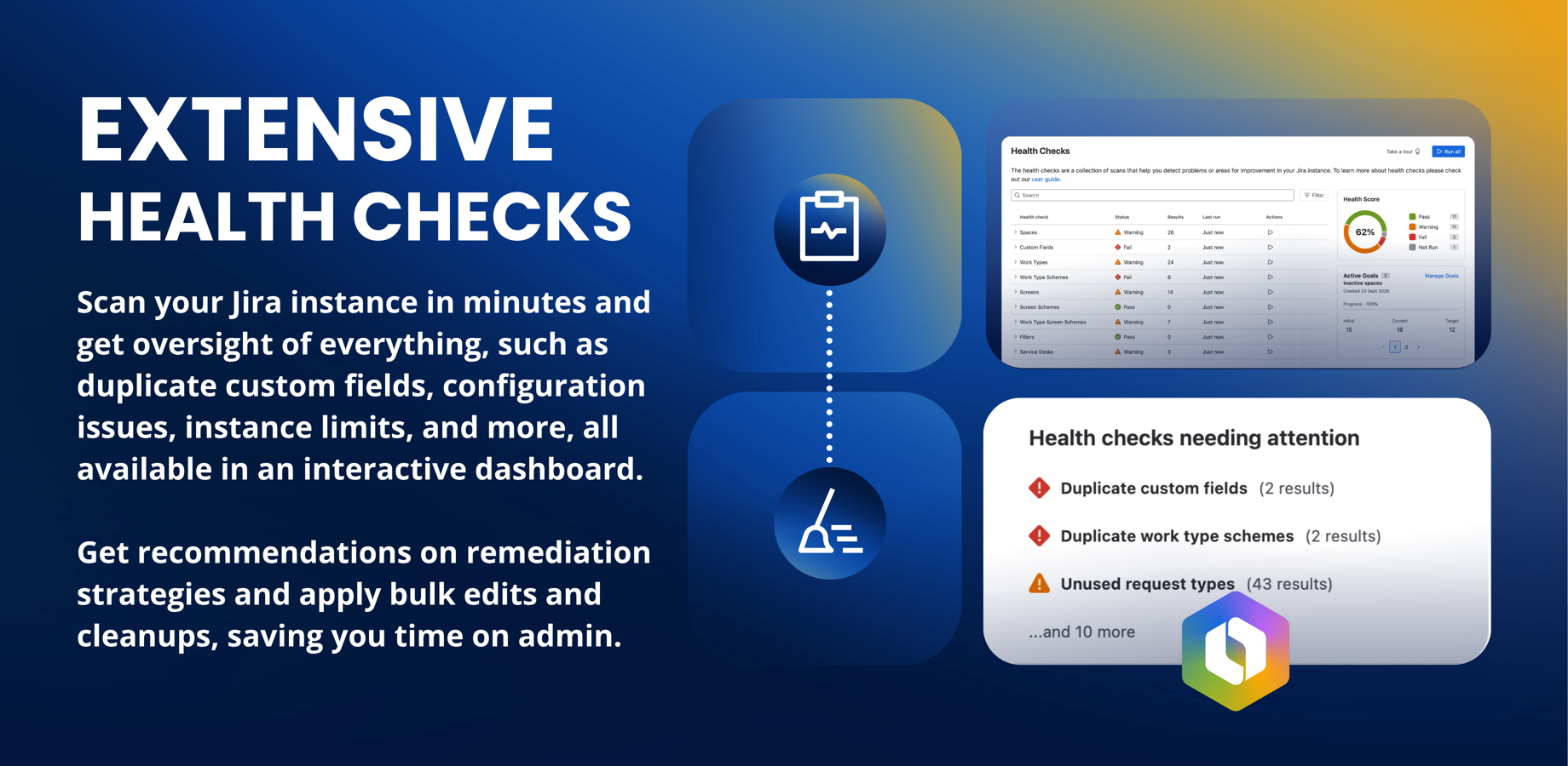 Scan your Jira instance and get oversight of duplicate custom fields, configuration issues, instance limits, and more, in an interactive dashboard. Get recommendations on remediation strategies and save time on admin.