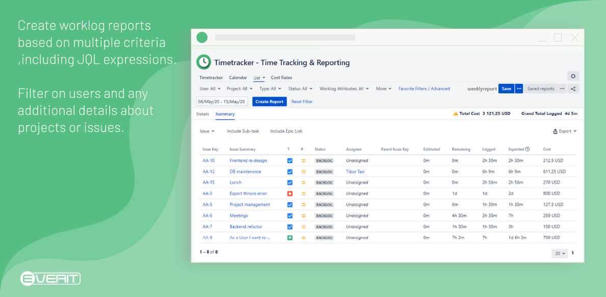 Create worklog reports based on multiple criteria - including JQL expressions - to filter on users and any additional details about the projects or issues.
