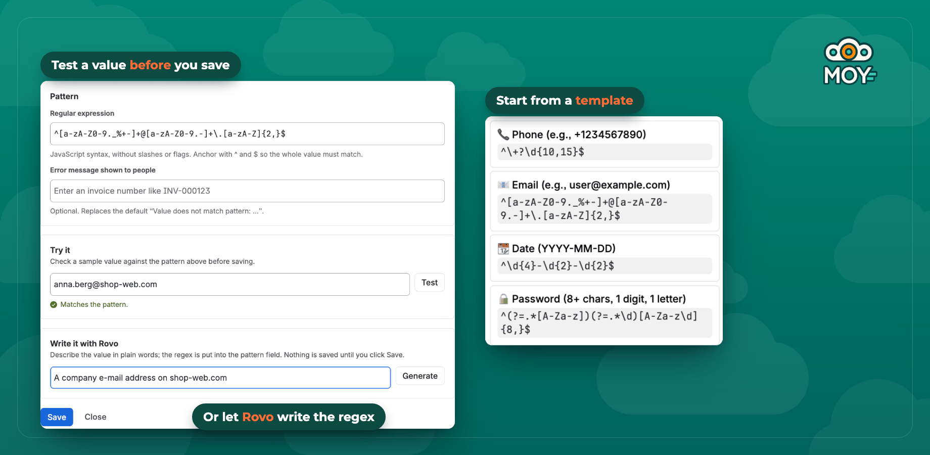 The settings page: the pattern, the message people see, a sample value that passes, a plain-words description for Rovo, and ready-made templates.