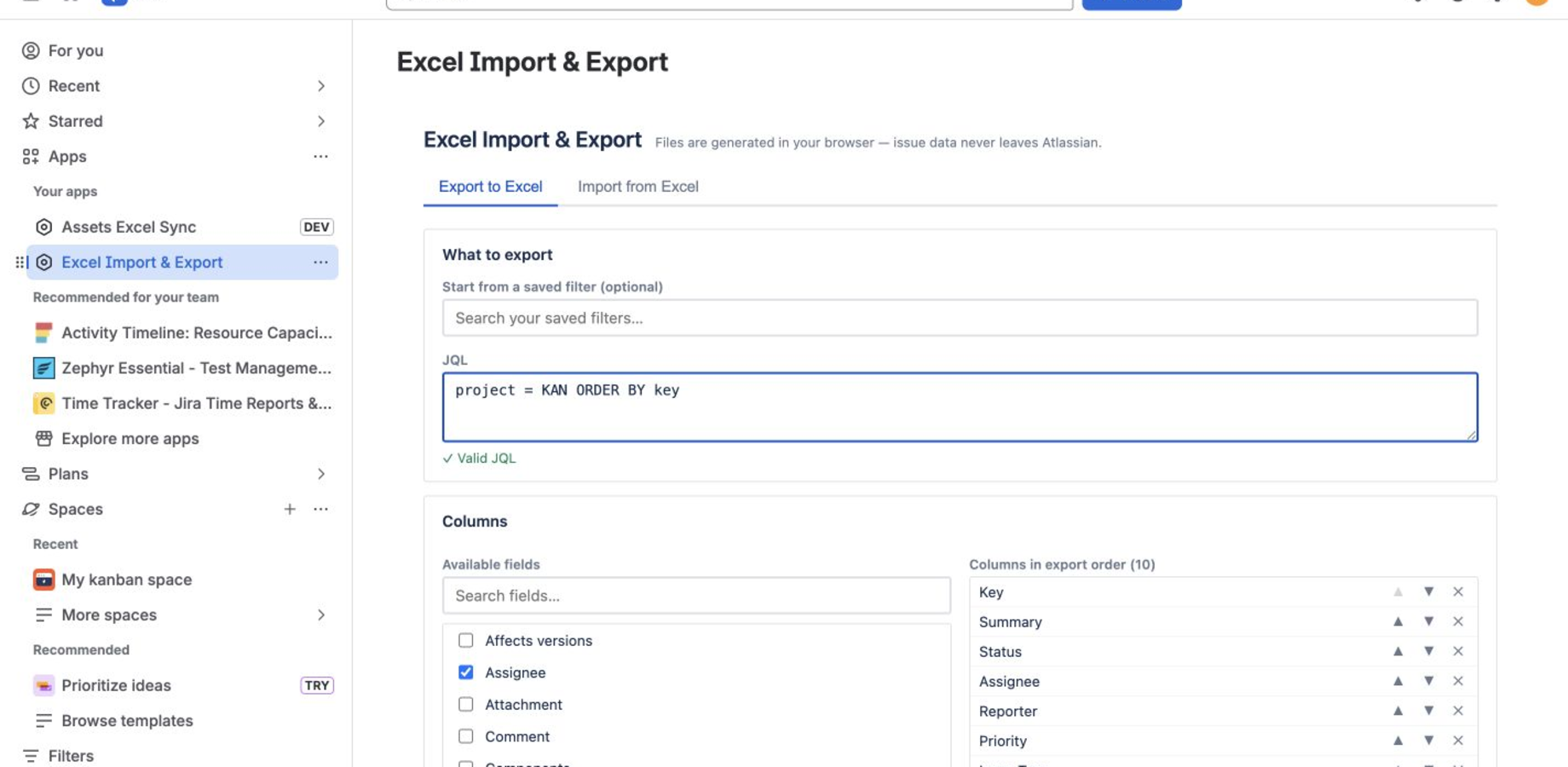 A validated JQL query and selected export columns in Excel Import & Export for Jira.