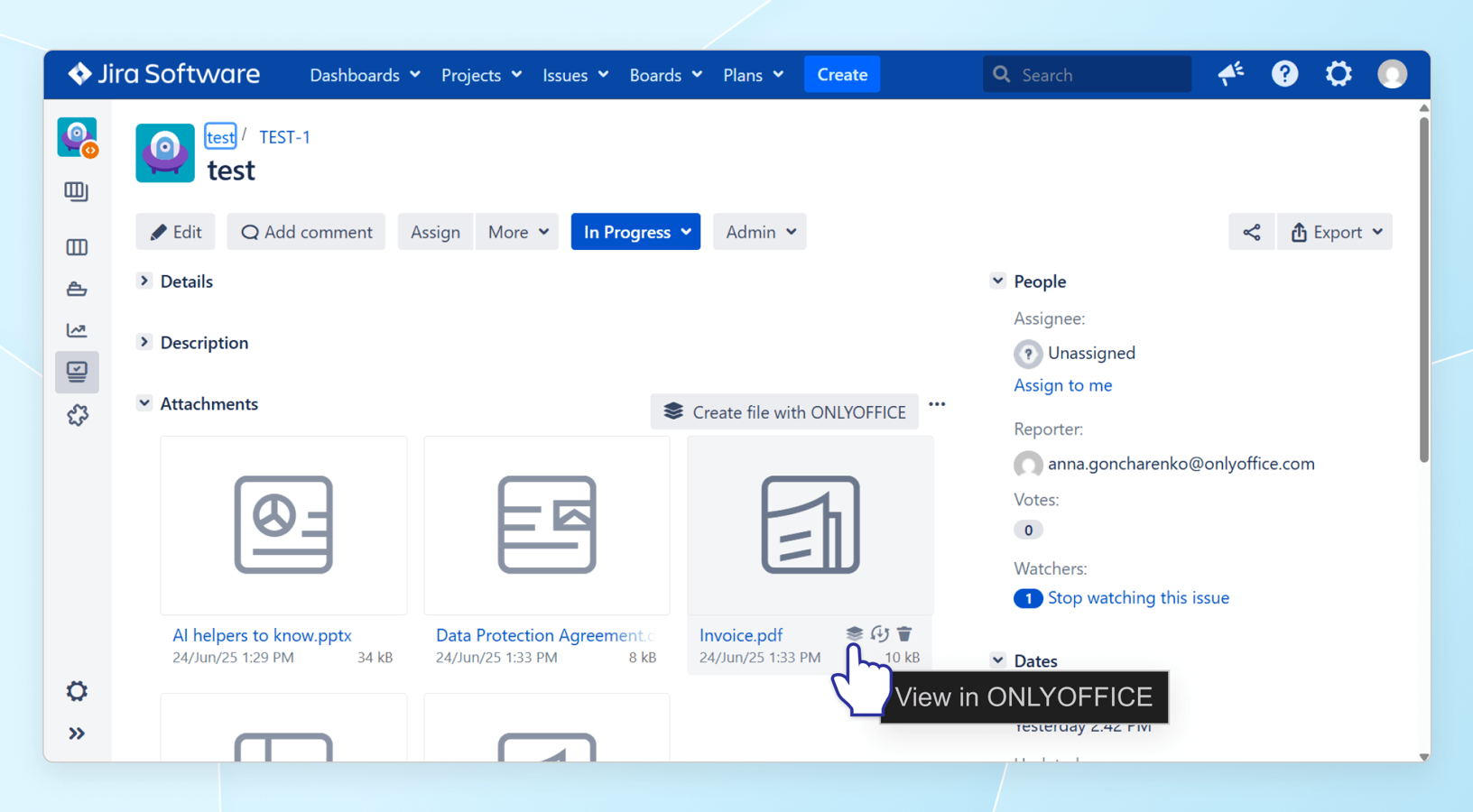 In this screenshot, you can see how Jira interface with the Edit in ONLYOFFICE option looks like.
