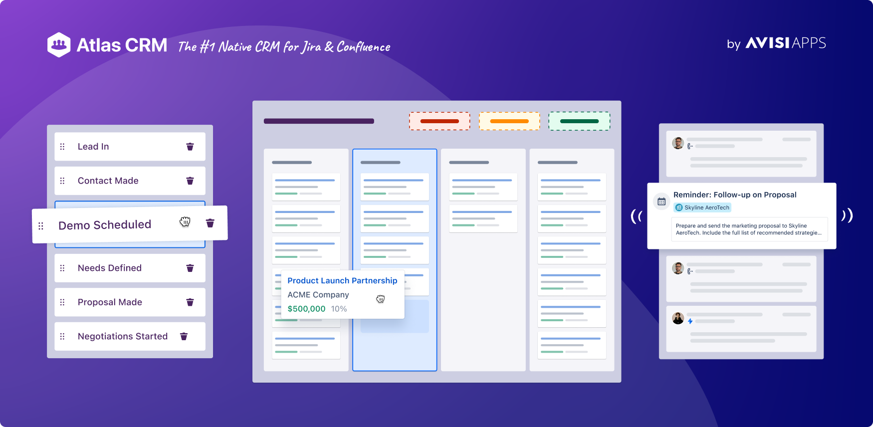 Stay on top of sales with Atlas CRM. Link Confluence pages and interactions to sales, set reminders, and track prospects in your custom funnel to close deals faster—all securely within Atlassian’s trusted system of work.
