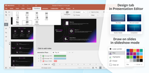 Create and co-author presentations right within Confluence interface with ONLYOFFICE Presentation Editor. Use Presenter view: leave personal notes and manually select the necessary slides to show.