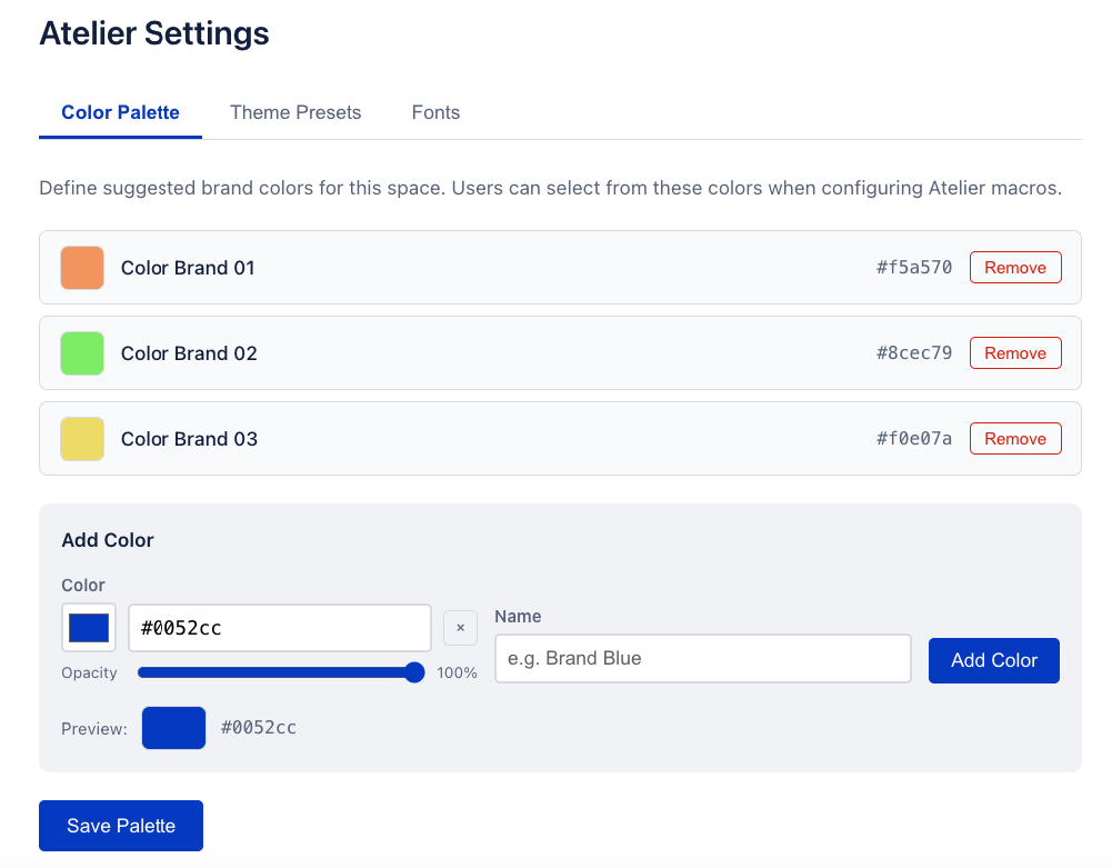 Atelier Space Settings with Color Palette tab showing named brand colors with hex codes, opacity control, color picker and Add Color form for defining up to 50 shared brand colors per space