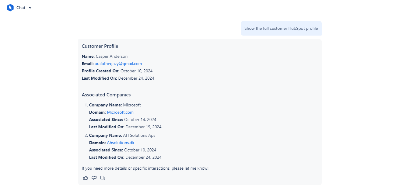 Customer profile view showing HubSpot contact details and associated companies, so Jira Service Management agents always know who the customer is and which accounts they belong to.
