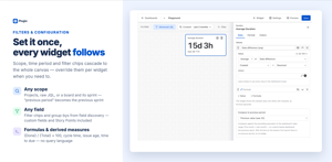 The global filter bar cascades to every widget; the config panel shows live results as you tune data, format and colors.