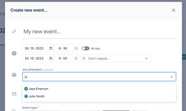 Quickly select an event participants from the built-in address book of people from Jira.