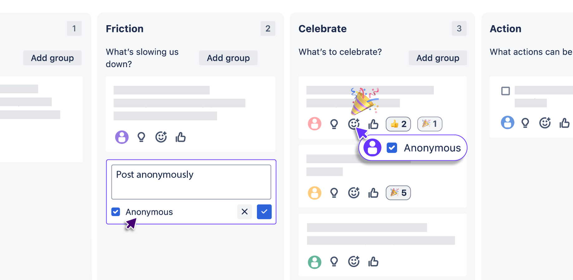 Anonymous posting, mood survey and reactions encourage honest, balanced input that builds team trust. Every voice contributes to surface real issues, shape improvement and guide better decisions. 
