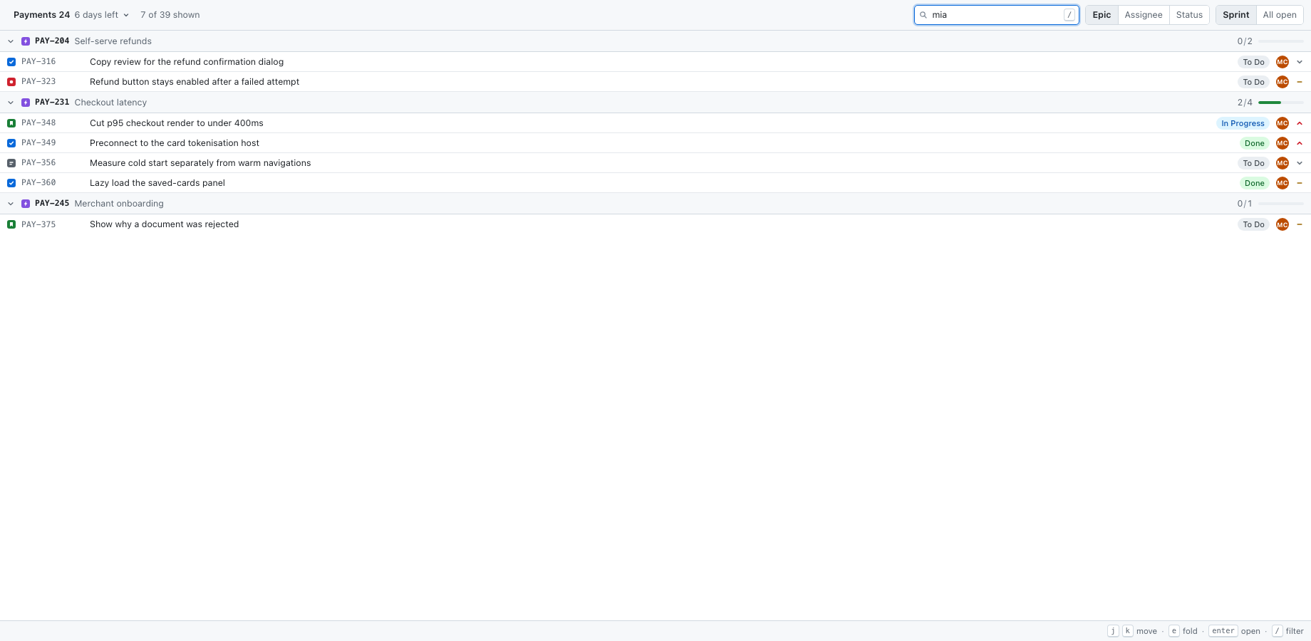 Type to filter; groups and progress recount live.