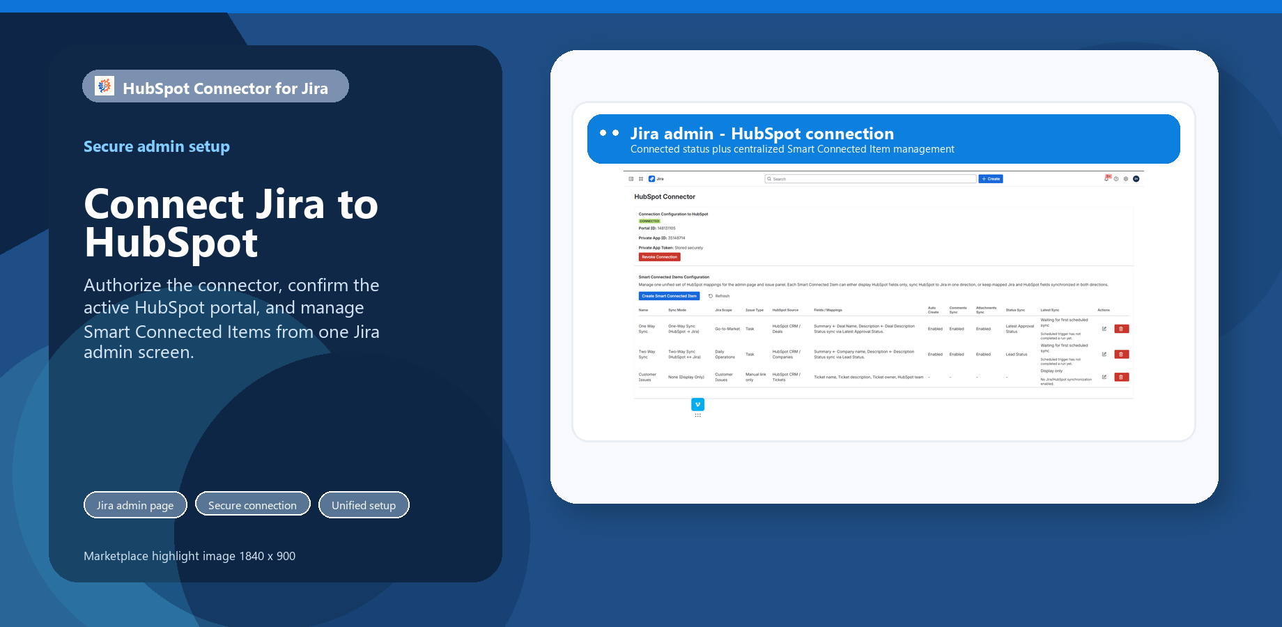 Jira admin view showing a live HubSpot connection plus Smart Connected Item configurations for display-only, one-way, and two-way sync.