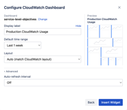 Dashboard confiugration. Set a display label, default time range, and column layout. A live layout preview updates as you make changes. Auto-refresh is available under Advanced.