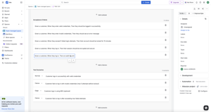 Inline acceptance criteria and test scenario editor where teams fine-tune generated requirements before publishing stories to Jira