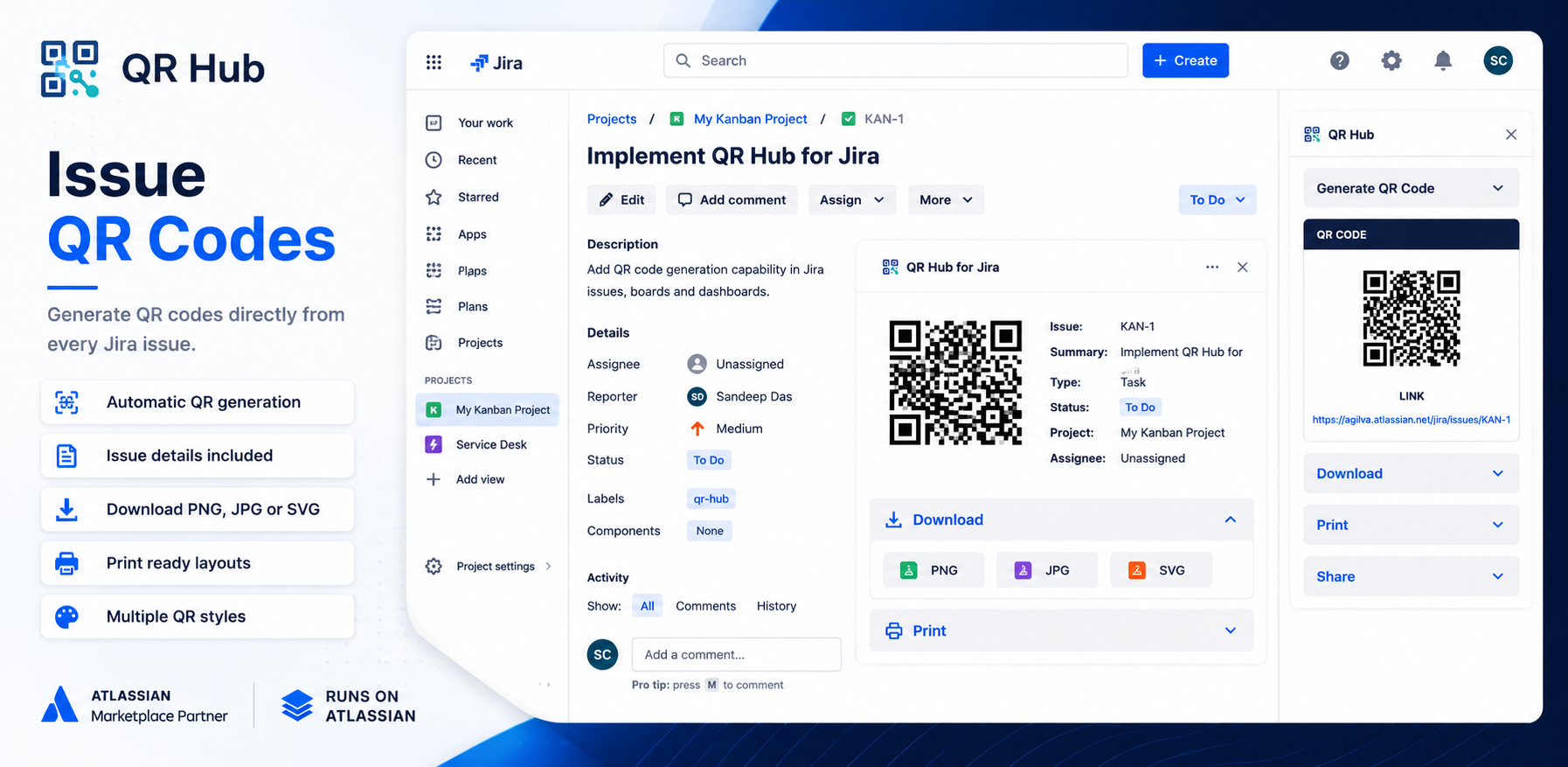 QR Hub generates QR codes directly within Jira issues, displaying key issue details alongside flexible download and print options.
