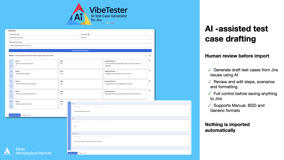 Draft test cases with AI, then review and refine them manually. Edit steps, scenarios, and formatting in a rich editor before saving to Jira, ensuring quality, accuracy, and full human control over every test case.