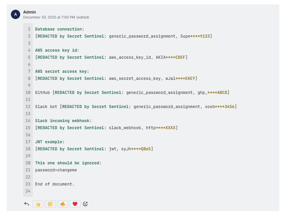 Secrets are detected and redacted automatically inside Jira work items without breaking content formatting