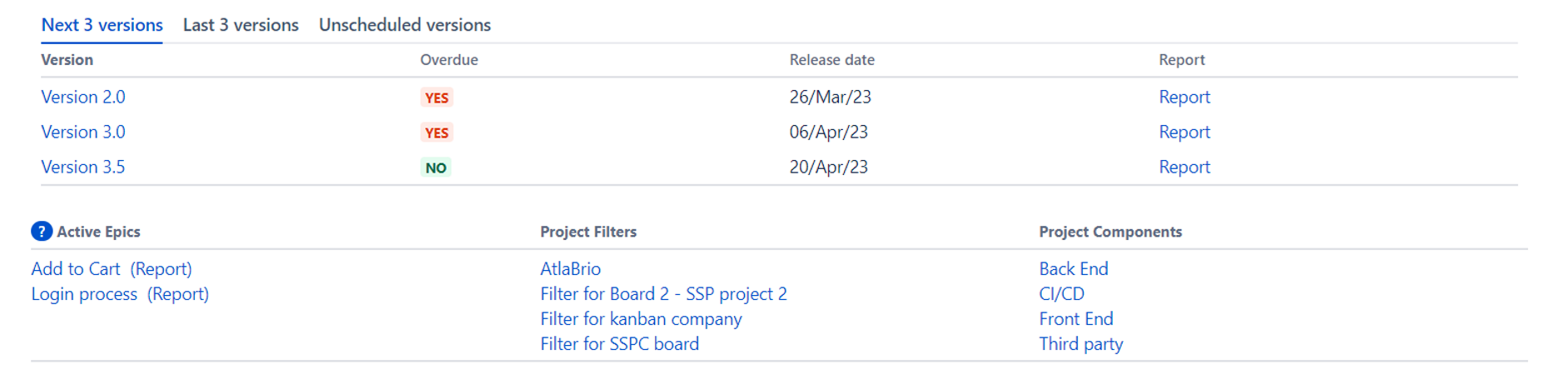 Versions, Active Epics, filters & Components