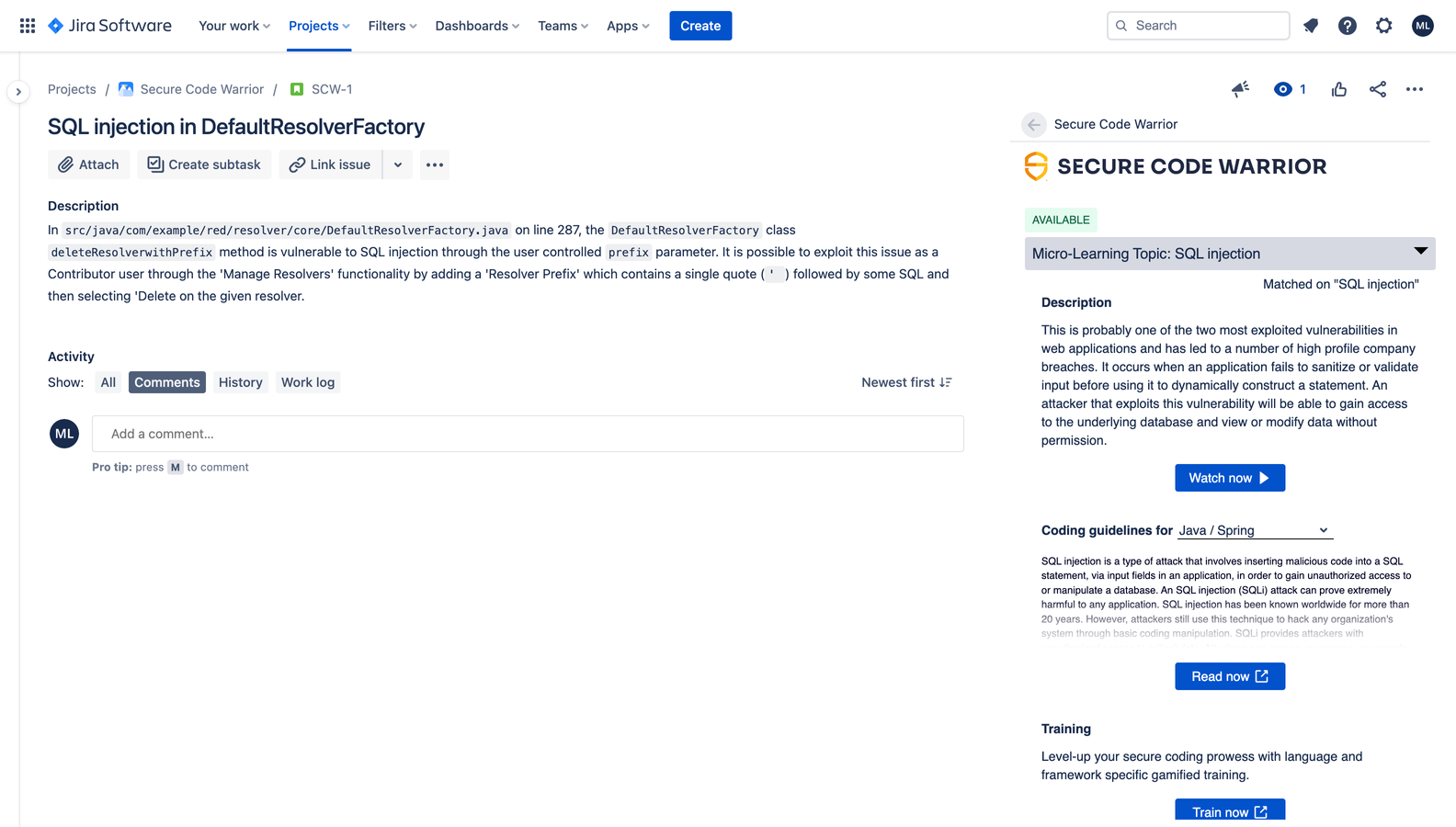 This screenshot shows the Secure Code Warrior contextual learning panel that provides a brief description of the detected vulnerability and a link to relevant code challenges