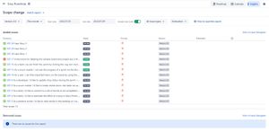 Scope change report to show what was added / removed to your deliverables scope over a set period of time and impact of such moves in any number values like Story Points, Business Value Points, Remaining Estimates, etc.