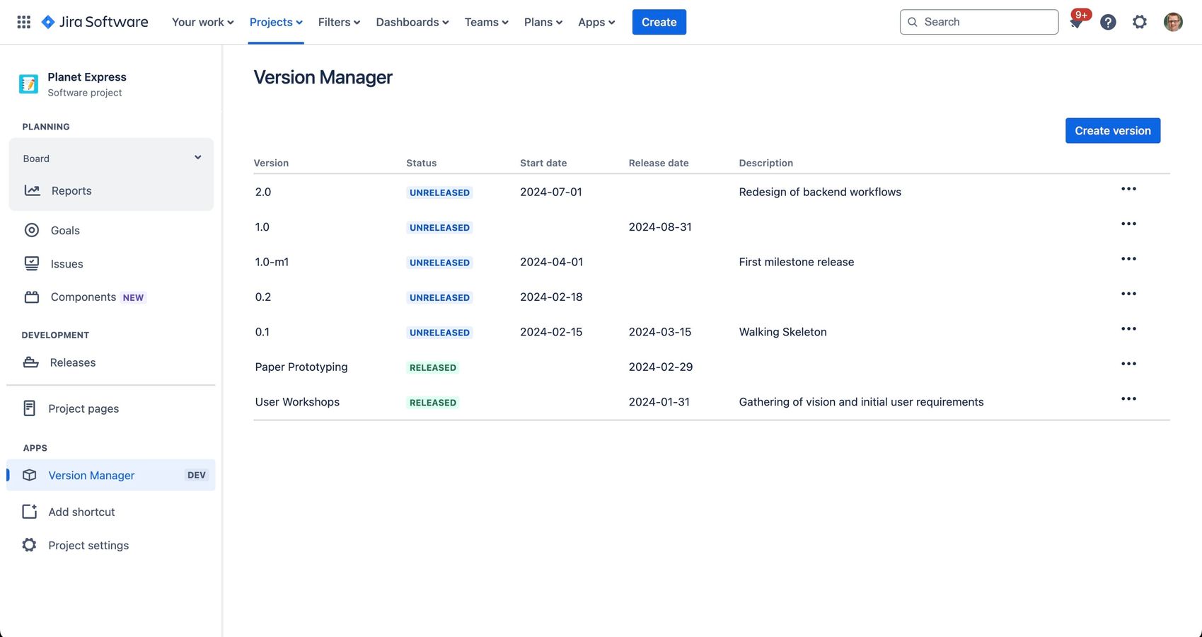 New user interface to manage versions