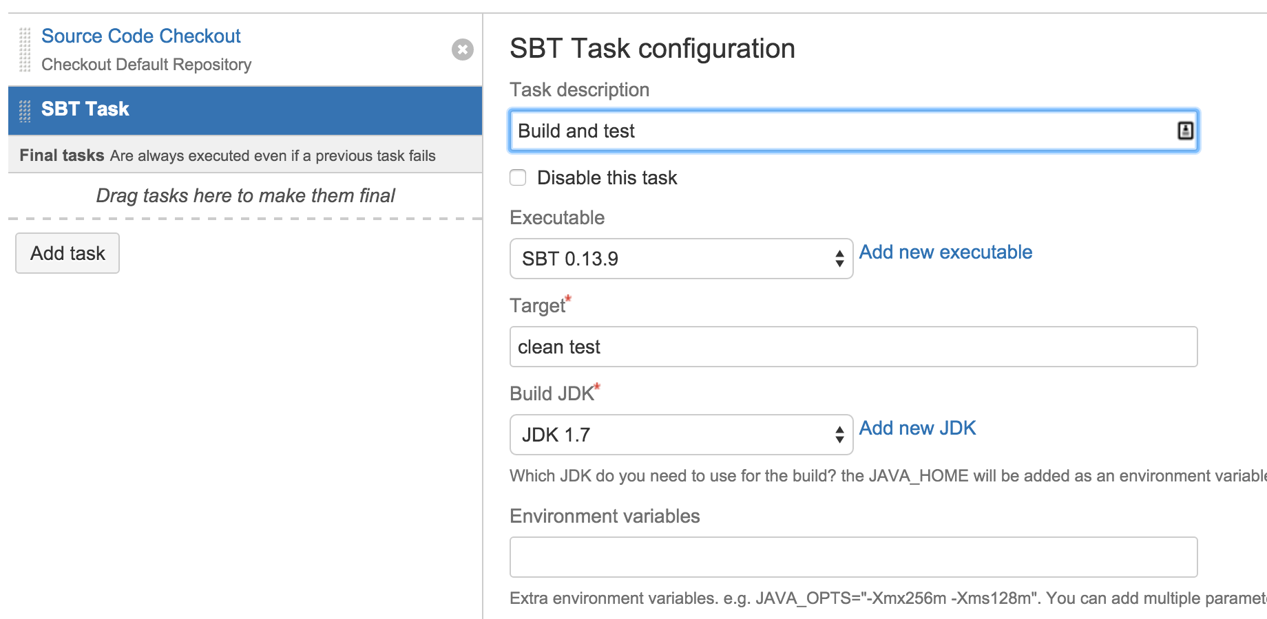 SBT Task configured to run SBT 0.13.9 with Java 7