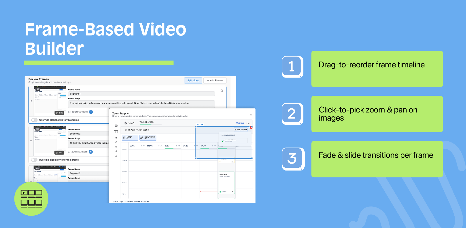 Upload images or video clips as frames, reorder them on a visual timeline, and bring them to life with click-to-pick zoom and pan, fade and slide transitions, and per-frame timing — no editing skills required.