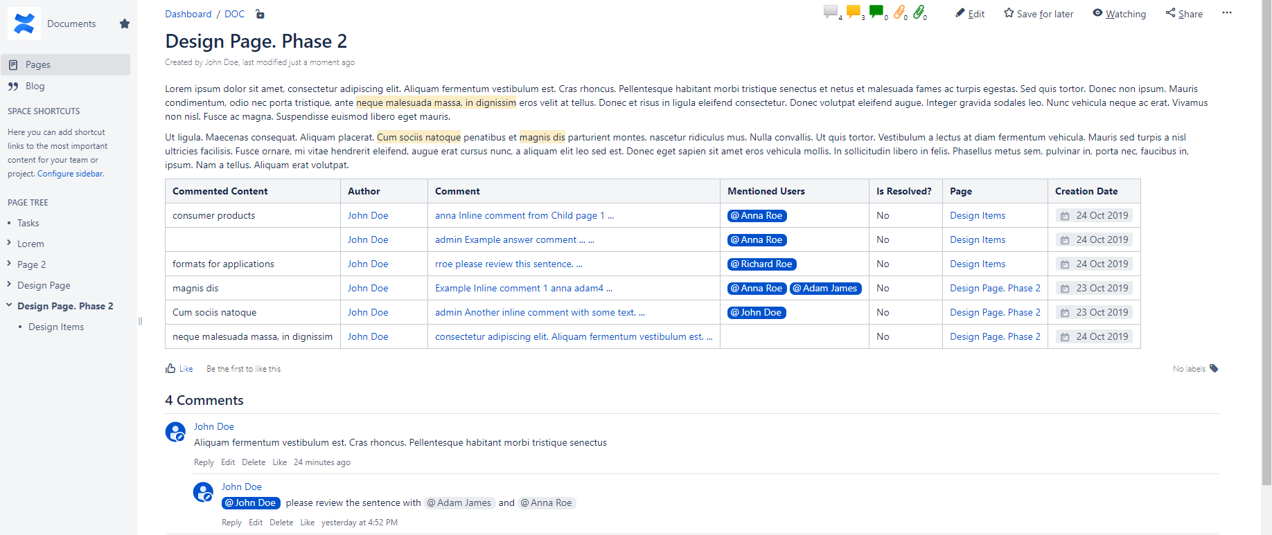 Display comments of Pages or Attachments as tables