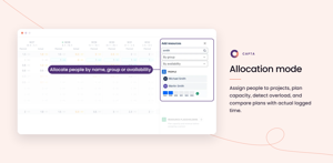 Capta screenshot: allocation mode. Assign people to projects, plan capacity, detect overload, and compare plans with actual logged time.