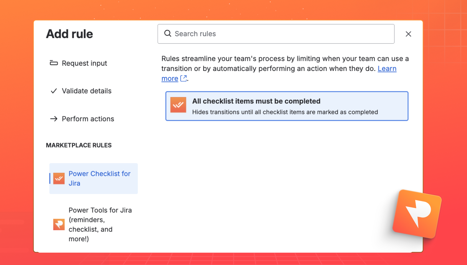 A workflow transition blocked because unfinished acceptance criteria remain, showing exactly which checklist and to-do list items still need to be completed before the issue can move to "Done."