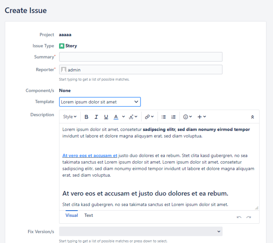 Creating issues and selecting a predefined template