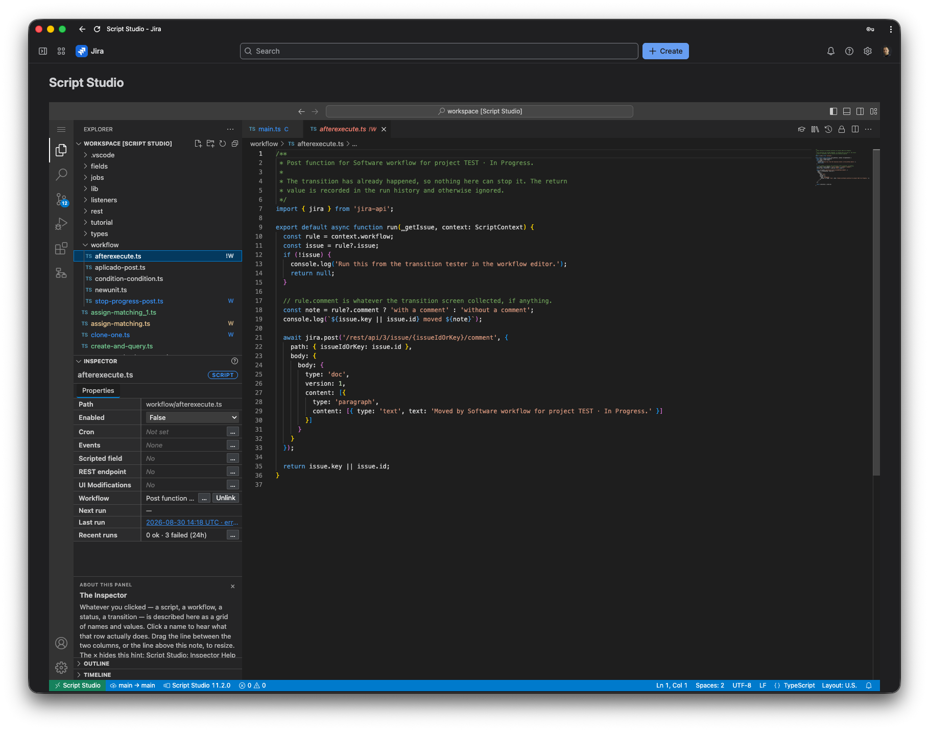 The Script Studio editor: TypeScript in a Code–style workbench, site workspace on the left, Jira-aware assistance in the open file.