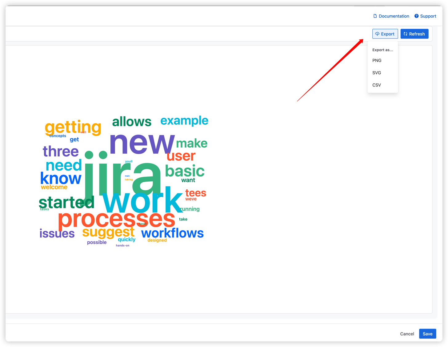Export menu showing three format options: PNG for presentations, SVG for scalable graphics, and CSV for data analysis. High-quality export with one click from the wordcloud view interface.