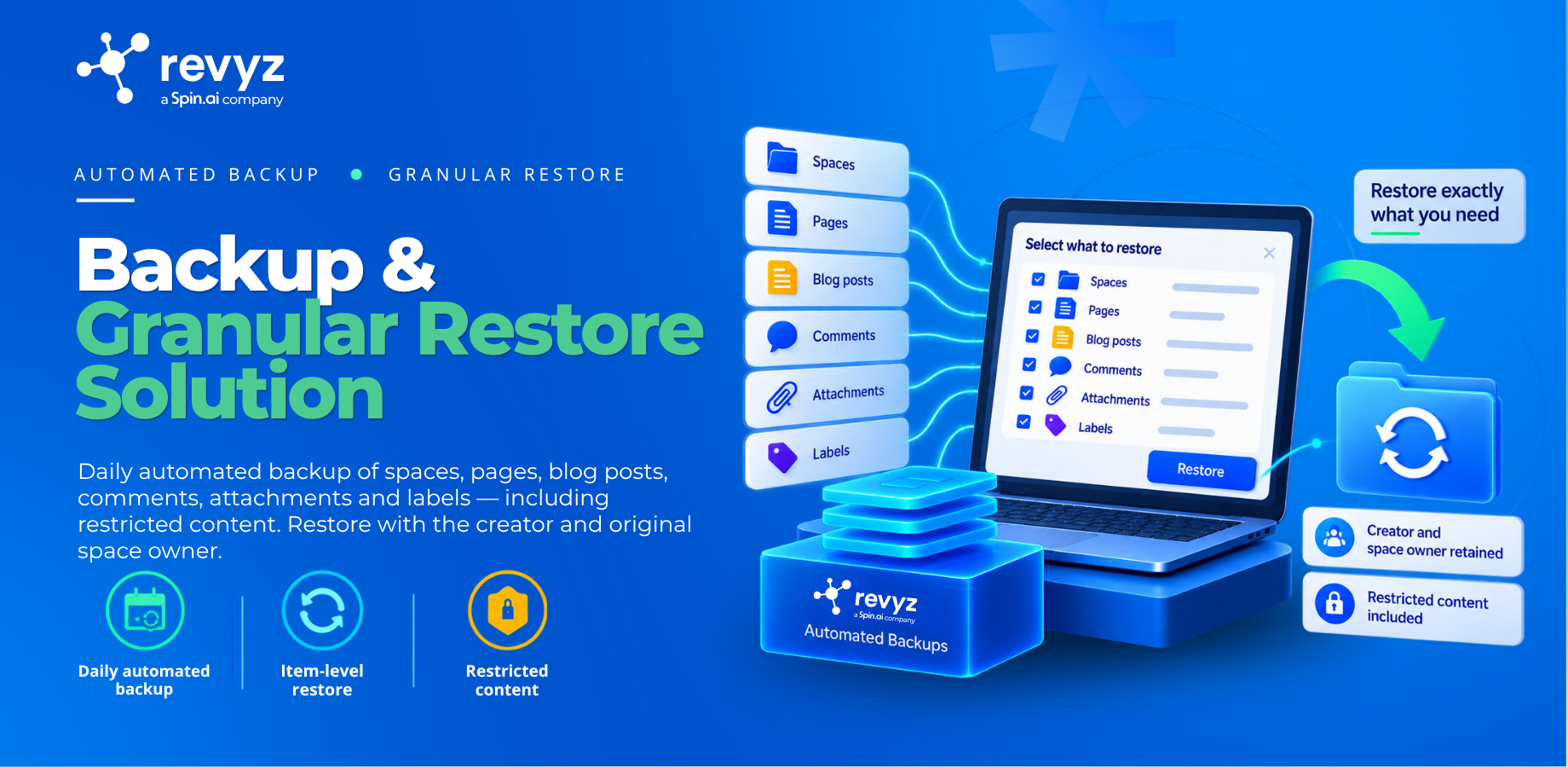 Daily automated backup of spaces, pages, blog posts, comments, attachments and labels, including restricted content. Restore with the original space owner, creator and comment authors preserved.