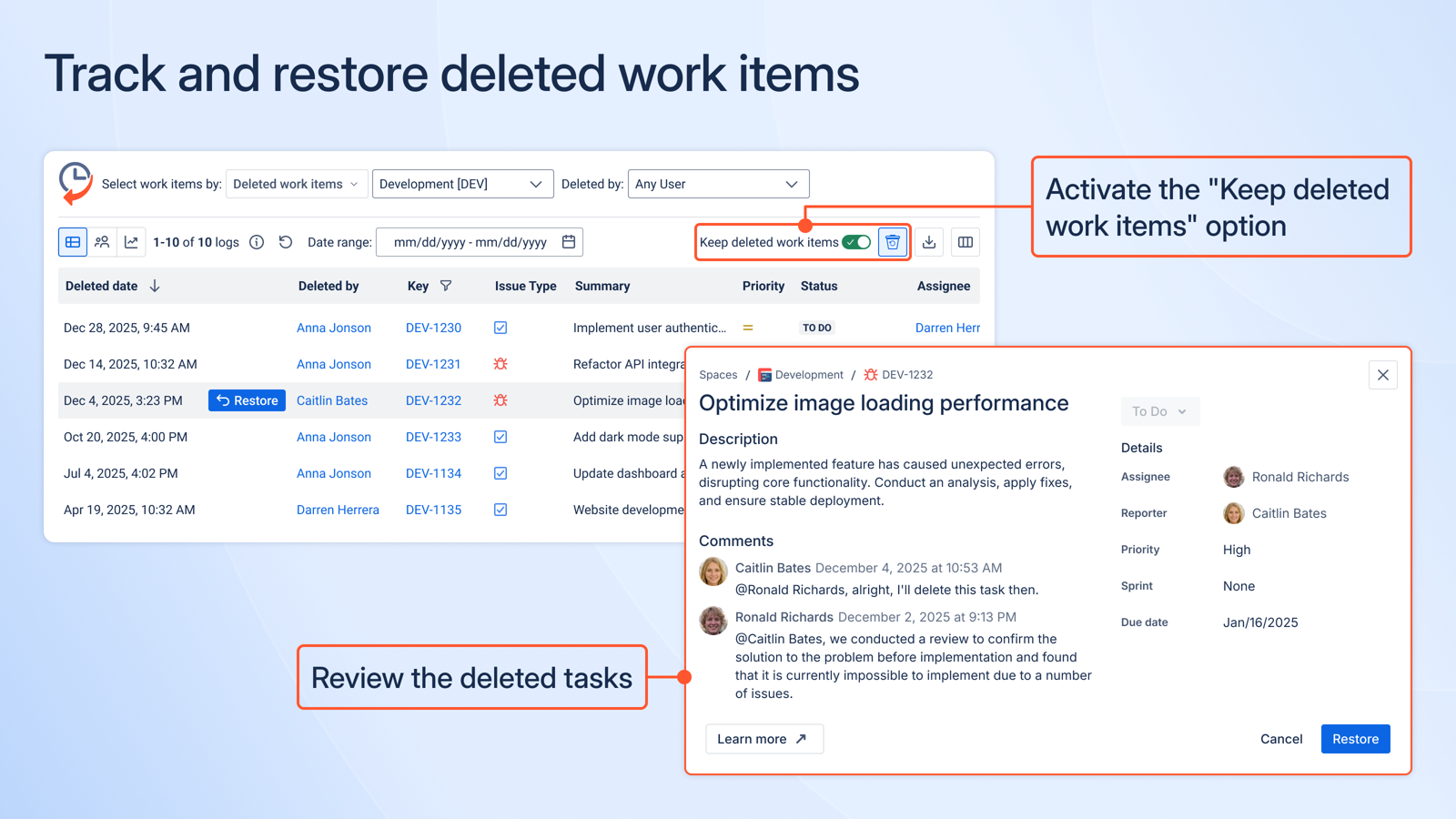 Track and restore deleted work items in Jira. Monitor deleted issues and recover them anytime