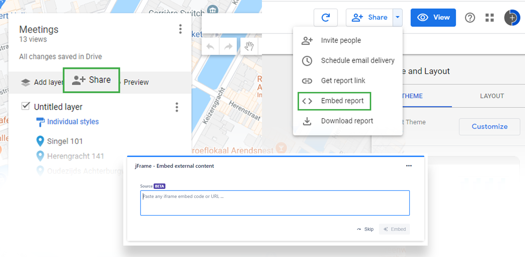 Showcase how you can extract the shareable link URL or HTML embed code to embed from Google Maps, Google Places or Google Data Studio in a Jira Cloud dashboard gadget with jFrame.