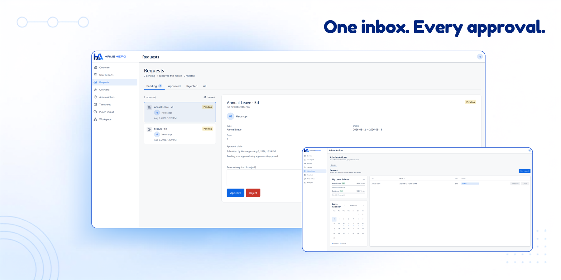 The unified Requests inbox: pending leave, timesheet and overtime items on the left, with the full detail and approval-chain timeline on the right.