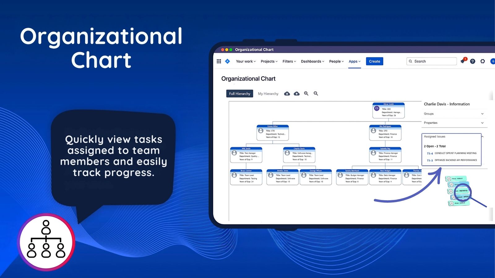 Simply click a user in your org chart to see their assigned issues at once. Spot workload imbalances, respond instantly to bottlenecks, and keep projects moving smoothly without switching between multiple views