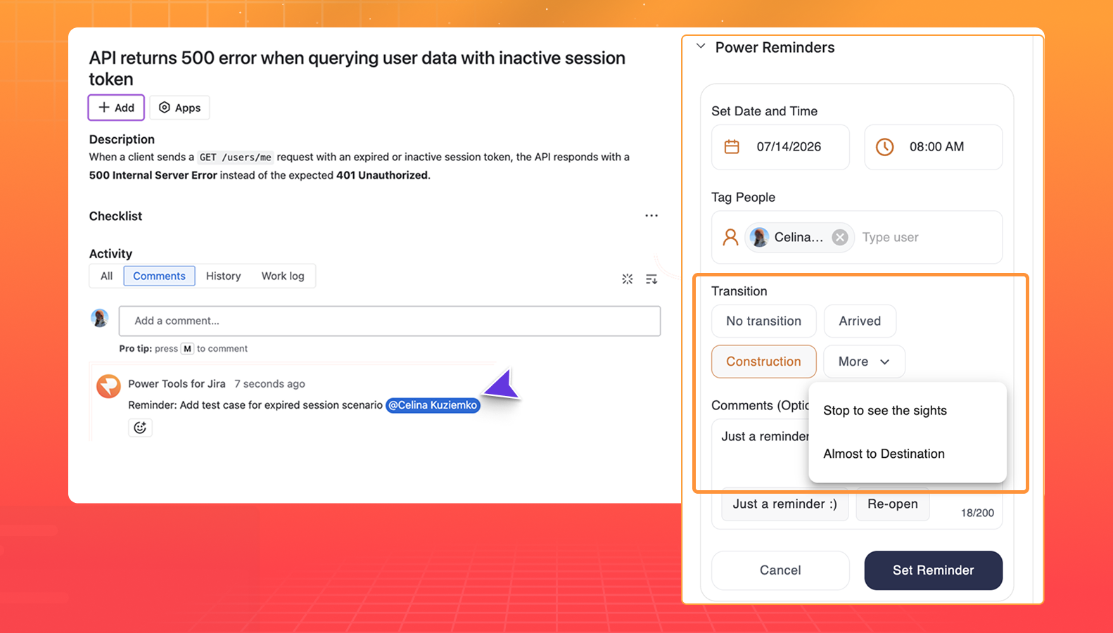 A reminder configured with an automatic workflow transition to "Construction" and a preset comment, so the issue advances the moment the reminder triggers.