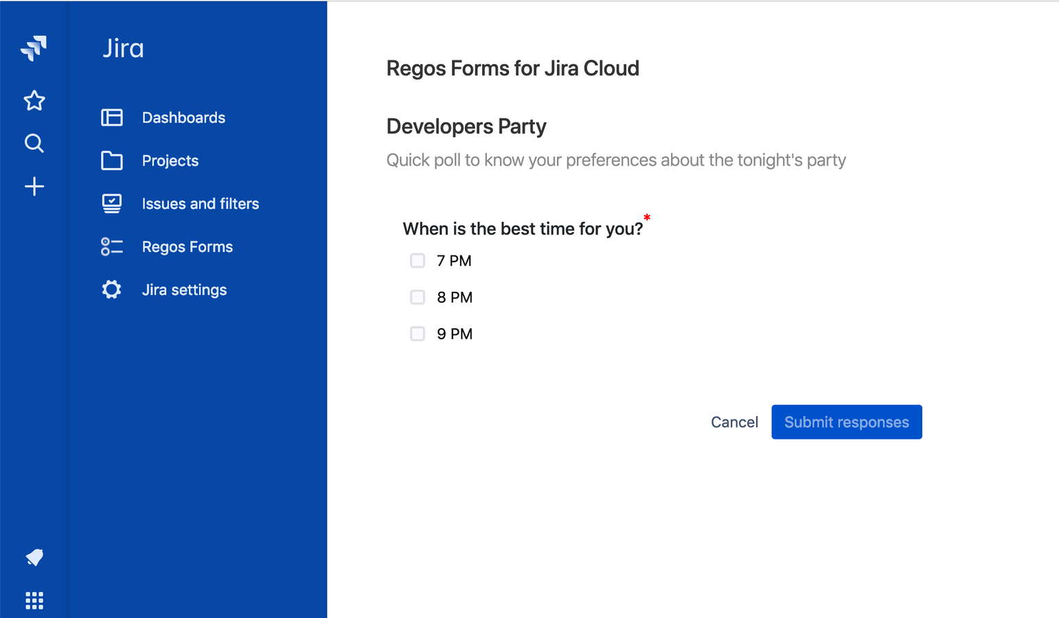 Simple form with multiple options about a Developers party!