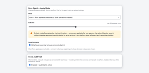 In Auto mode, set a bulk limit of 1 to 50 issues. Optional: Rovo's reasoning as an issue comment and a daily score audit trail. Only Jira admins can change settings.