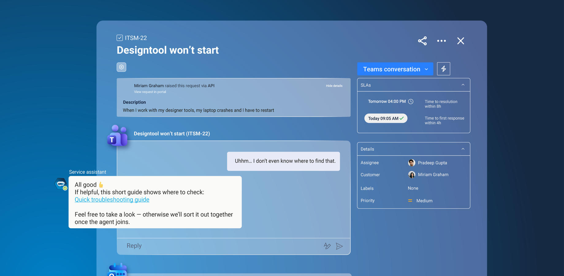 Link Teams chats and channel conversations to Jira work items. Reply from Jira or Teams, connect multiple conversations, and use AI summaries to preserve key decisions and context directly in Jira.