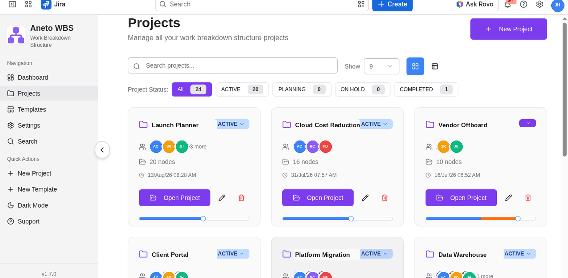 Projects grid with status, team, node counts, last update, and progress for each work breakdown structure.
