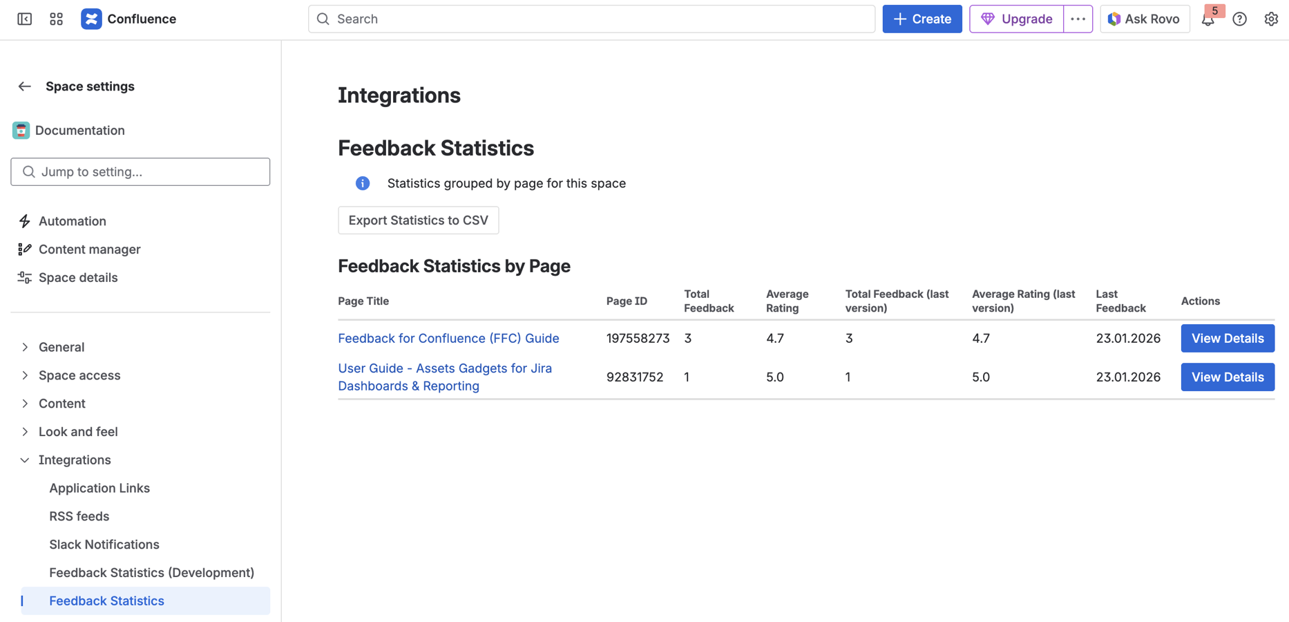 Get a clear overview of feedback across the entire space. See total ratings, average scores, and recent activity to quickly identify top-performing and low-quality pages.